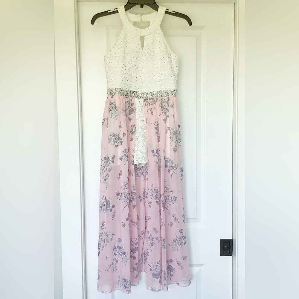 Speechless White Lace and Pink Floral Halter Girls Dress